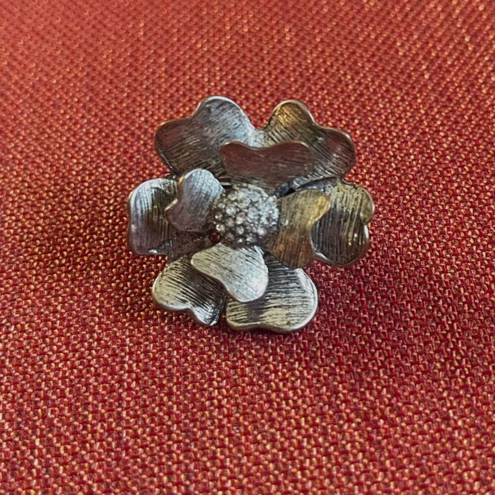 Large Silver Flower Statement Ring Adjustable Cocktail Jewelry Textured Petals - Picture 2 of 6